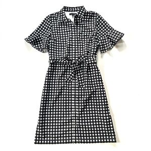 Banana Republic Black & White Gingham Print Ruffle Sleeve Tie Waist Shirt Dress